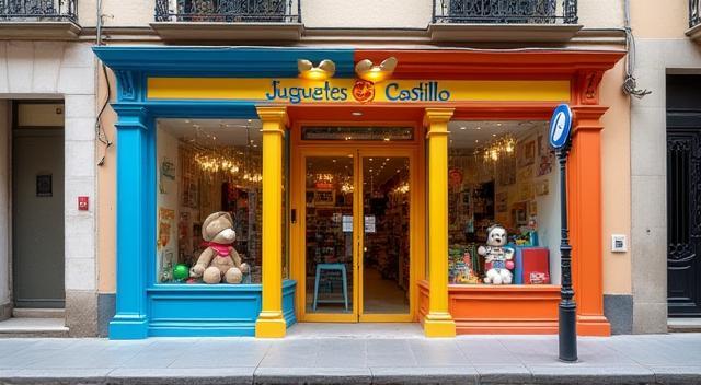 Fachada de Juguetes Castillo en Madrid, decorada con colores vivos