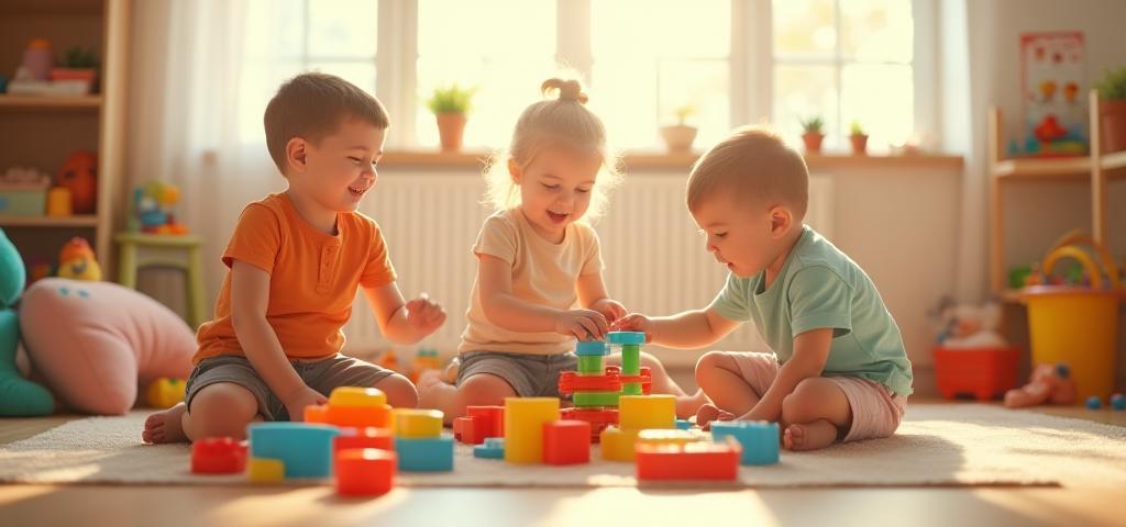 Niños y niñas jugando con juguetes coloridos en una sala luminosa