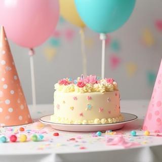 Mesa decorada para fiesta infantil con globos y pastel