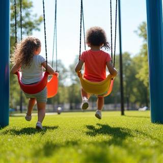 Niños jugando en un parque con columpios modernos