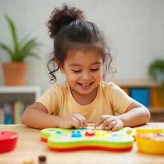 Niña aprendiendo con juegos educativos en una mesa